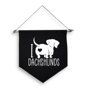 I Love Heart Dachshunds Black Hanging Wall Flag Sausage Dog Pet White Design Cotton Canvas Home Décor