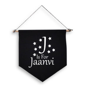 Baby's Initial Pretty Stars Personalised Black Wall Flag White Design Nursery Child's Bedroom Cotton Canvas Décor