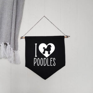I Love Heart Poodles Black Hanging Wall Flag Pet Dog White Design Cotton Canvas Home Décor