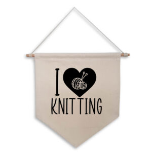 I Love Heart Knitting Hanging Wall Flag White Needles Wool Design Knitter Cotton Canvas Home Décor