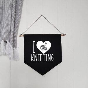 I Love Heart Knitting Black Hanging Wall Flag White Design Needles Wool Cotton Canvas Home Décor