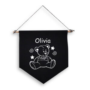 Teddy Bear Hugs Personalised Black Wall Flag Child Baby Gift White Design Cotton Canvas Décor
