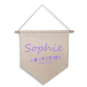 Personalised Your Name Natural Wall Flag Hearts Kisses Lilac Design Cotton Canvas Home Décor