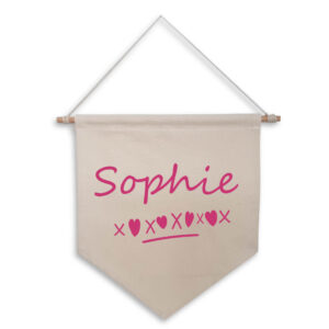 Personalised Girl's Your Name Natural Wall Flag Women Gift Pink Design Cotton Canvas Décor