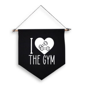 I Love Heart The Gym Black Hanging Wall Flag White Design Cotton Canvas Home Décor