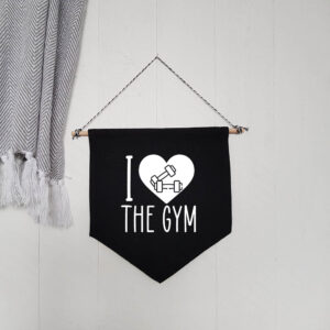 I Love Heart The Gym Black Hanging Wall Flag White Design Cotton Canvas Home Décor