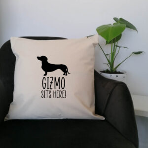 Personalised Sausage Dog Cushion 45x45cm Your Pet's Name Dachshund Black Design Cotton Canvas