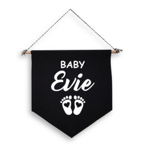 Baby Feet Personalised Black Wall Flag White Design Name Cute Gift Cotton Canvas Décor