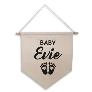 Personalised New Baby Feet Natural Wall Flag Black Design Name Cotton Canvas Nursery Décor