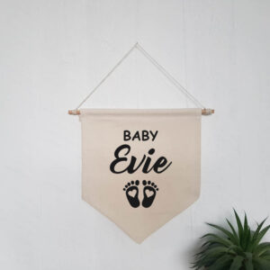 Personalised New Baby Feet Natural Wall Flag Black Design Name Cotton Canvas Nursery Décor