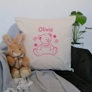 Personalised Girl's Teddy Cushion Cotton Canvas 45x45cm Pink Design