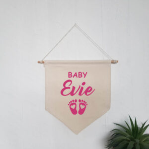 Pink Design Personalised New Baby Girl Feet Natural Wall Flag Shower Gift Cotton Canvas Décor