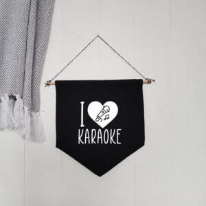 I Love Heart Karaoke Black Wall Flag Home Bar Sign Singing White Microphone Design Cotton Canvas Décor