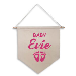 Pink Design Personalised New Baby Girl Feet Natural Wall Flag Shower Gift Cotton Canvas Décor