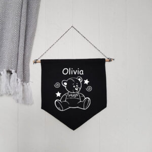 Teddy Bear Hugs Personalised Black Wall Flag Child Baby Gift White Design Cotton Canvas Décor