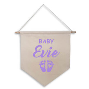 New Baby Cute Personalised Name Natural Wall Flag Lilac Design Nursery Gift Cotton Canvas Décor