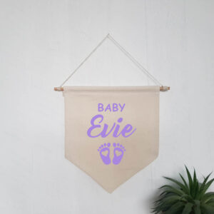 New Baby Cute Personalised Name Natural Wall Flag Lilac Design Nursery Gift Cotton Canvas Décor