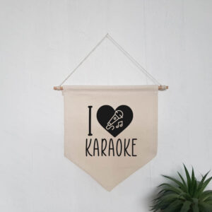 I Love Heart Karaoke Hanging Wall Flag Home Bar Sign Black Microphone Design Cotton Canvas Interior Décor