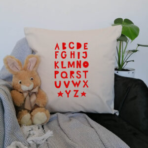 Child's Nordic Scandi Alphabet Nursery Cushion Cotton Canvas 45x45cm Red Design Educational