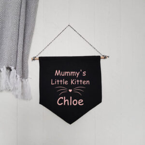 Mummy's Little Kitten Personalised Black Wall Flag Cute Pale Pink Design Baby Child Cotton Canvas Décor