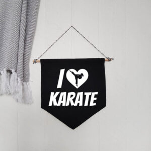 I Love Heart Karate Kick Girl's Black Hanging Wall Flag Martial Arts White Design Cotton Canvas Home Décor