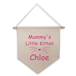 Mummy's Little Kitten Cute Personalised Natural Wall Flag Baby Child Name Pretty Pink Design Cotton Canvas Décor