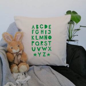 Child's Nordic Scandi Alphabet Nursery Cushion 45x45cm Green Educational Cotton Canvas