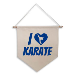 I Love Heart Karate Kick Natural Hanging Wall Flag Blue Design Martial Arts Cotton Canvas Home Décor