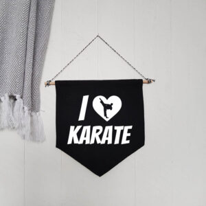 I Love Heart Karate Kick Black Hanging Wall Flag Martial Arts White Design Cotton Canvas Home Décor