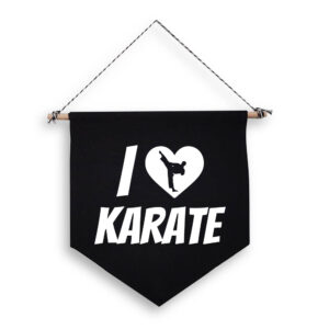 I Love Heart Karate Kick Black Hanging Wall Flag Martial Arts White Design Cotton Canvas Home Décor