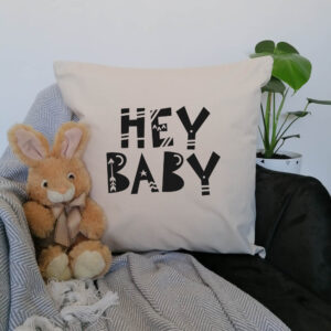 Child's Hey Baby Nordic Scandi Nursery Cushion 45x45cm Black Cotton Canvas