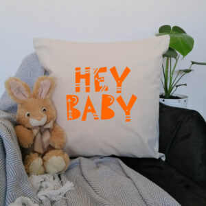 Child's Hey Baby Nordic Scandi Nursery Cushion 45x45cm Orange Cotton Canvas