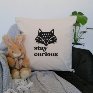 Baby's Stay Curious Fox Face Nordic Scandi Nursery Cushion 45x45cm Black Design Cotton Canvas Child's Bedroom