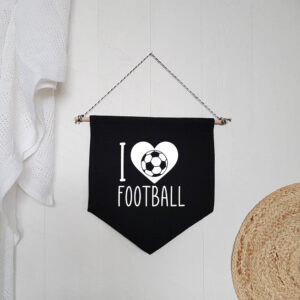 I Love Heart Football Black Hanging Wall Flag Home Bar Sign Soccer White Design Cotton Canvas Home Décor