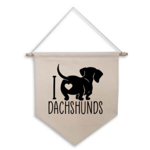 I Love Heart Dachshunds Pet Sausage Dog Natural Hanging Wall Flag Black Design Cotton Canvas Home Décor