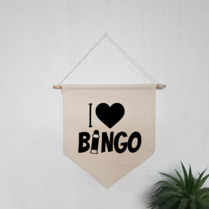 I Love Heart Bingo Natural Hanging Wall Flag Black Dabber Design Cotton Canvas Home Décor