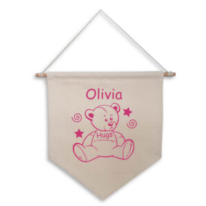 Teddy Bear Hugs Cute Personalised Baby Girl's Natural Wall Flag Pink Design Cotton Canvas Nursery Décor