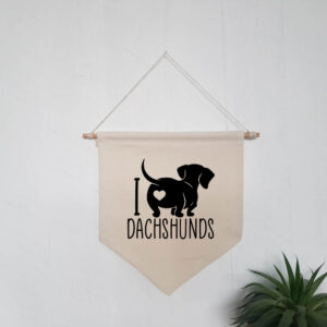 I Love Heart Dachshunds Pet Sausage Dog Natural Hanging Wall Flag Black Design Cotton Canvas Home Décor