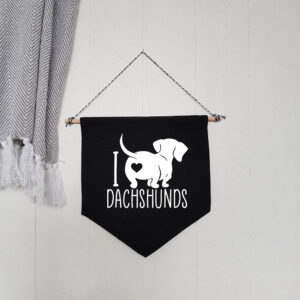 I Love Heart Dachshunds Black Hanging Wall Flag Sausage Dog Pet White Design Cotton Canvas Home Décor