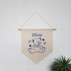 Teddy Bear Hugs Cute Personalised Baby's Natural Wall Flag Blue Design Shower Gift Cotton Canvas Décor
