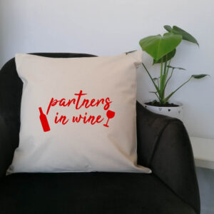 'Partners In Wine' Cushion Funny Red Design Glass Bottle Gift Cotton Canvas 45x45cm