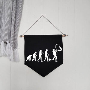 Evolution of a Fisherman Black Hanging Wall Flag White Design Fishing Fish Cotton Canvas Home Décor