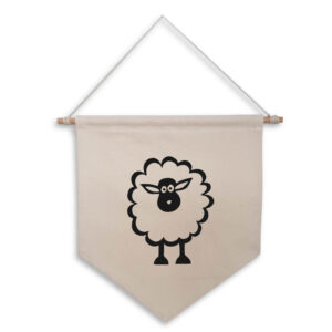 Fat Woolly Sheep Natural Hanging Wall Flag Black Design Cotton Canvas Home Décor Farmyard Animals