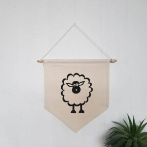 Fat Woolly Sheep Natural Hanging Wall Flag Black Design Cotton Canvas Home Décor Farmyard Animals