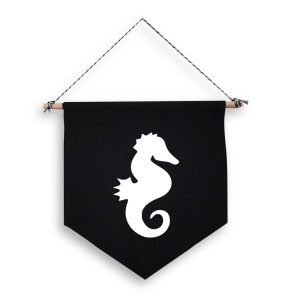 Seahorse Black Hanging Wall Flag White Design Cotton Canvas Home Décor