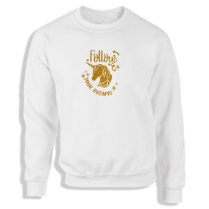 'Follow Your Dreams Unicorn' Black or White Women's Sweatshirt Gold Glitter S-2XL Adult Sweater Jumper