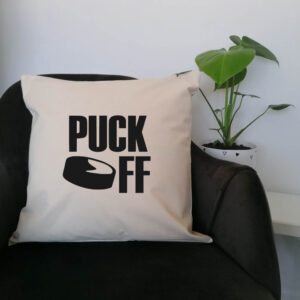Puck Off Ice Hockey Cushion Pillow Black Design Cotton Canvas 45x 45cm Square