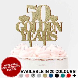 '50 Golden Years' Wedding Anniversary Acrylic Cake Topper Gold Glitter 50th Fiftieth party décor