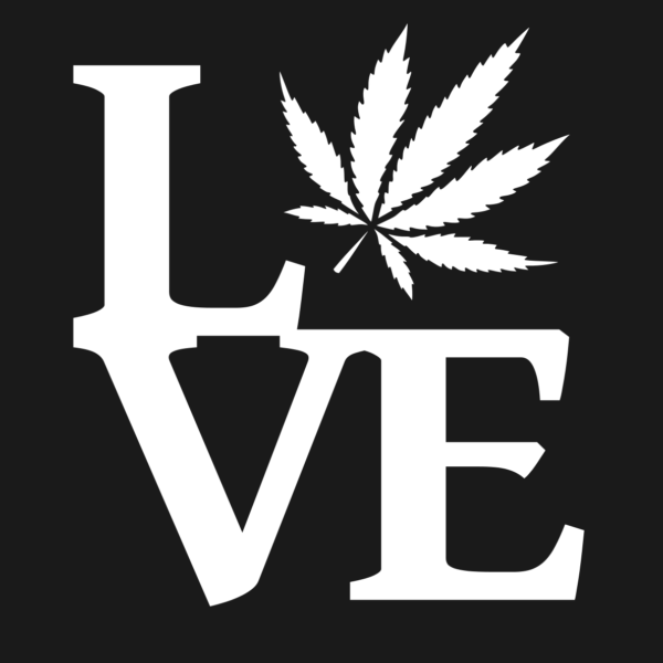 love cannabis white logo black background