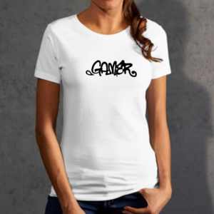 Womens White Graffiti Gamer T-Shirt Tee Top spray paint can Xbox PS4 Gaming